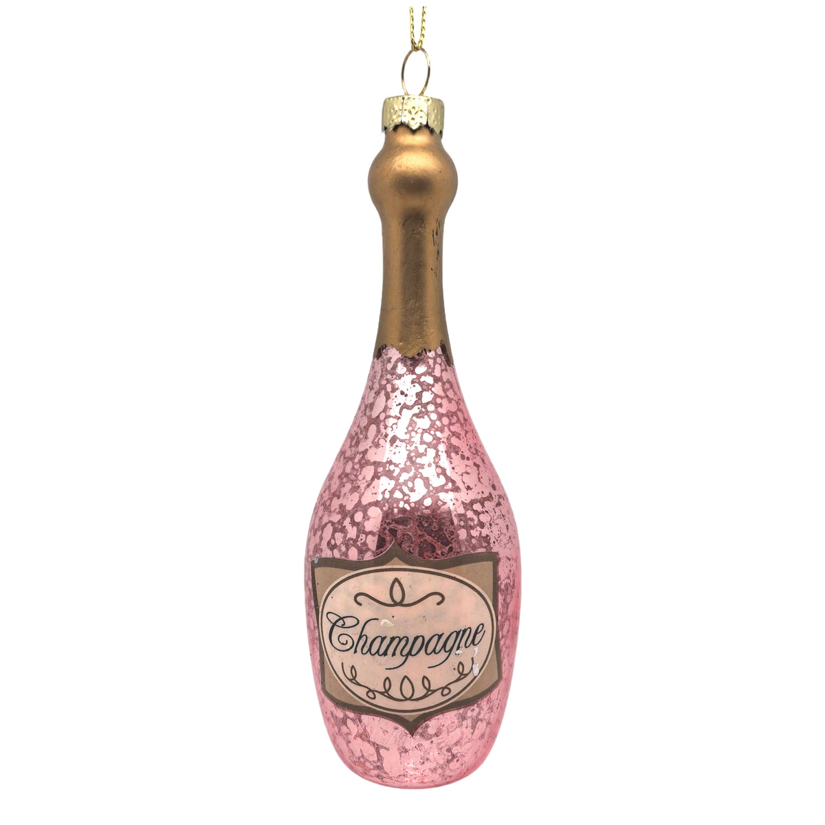 Pink and gold champagne bottle glass ornament with script label and gold neck and cap