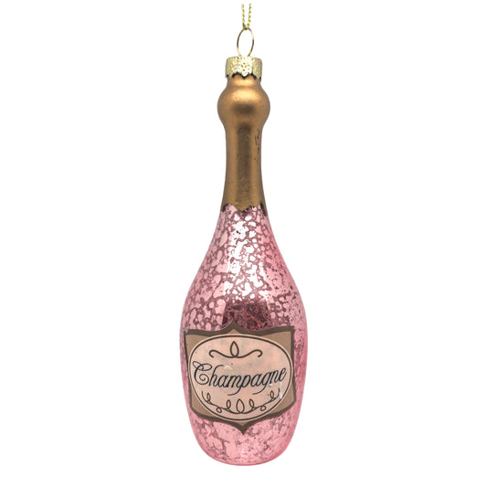 Pink and gold champagne bottle glass ornament with script label and gold neck and cap