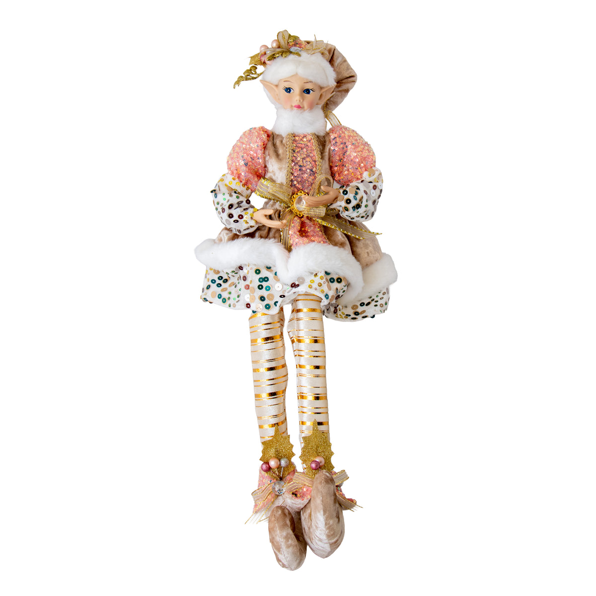 Pink and gold girl elf figurine with sequin puffed sleeves, confetti sequin skirt, faux fur trim and striped stockings