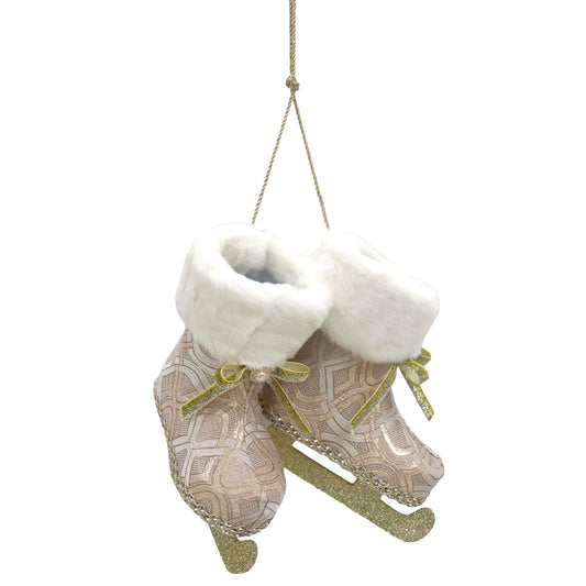 Pink and gold patterned ice skates ornament with white faux fur cuffs, pearl bow detail and gold glitter blades