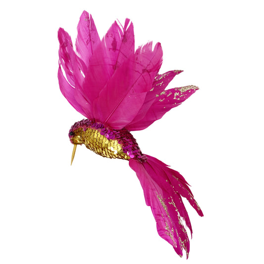 Pink and gold sequin hummingbird Christmas decoration with glitter-tipped fuchsia pink feather wings and tail