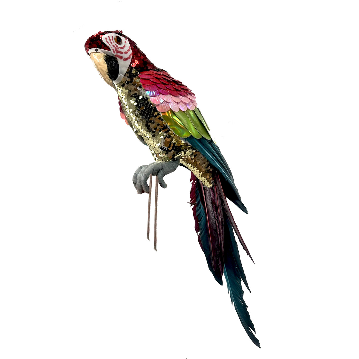 Pink and green sequin macaw decoration with gold body, crimson wings and long teal and burgundy tail feathers