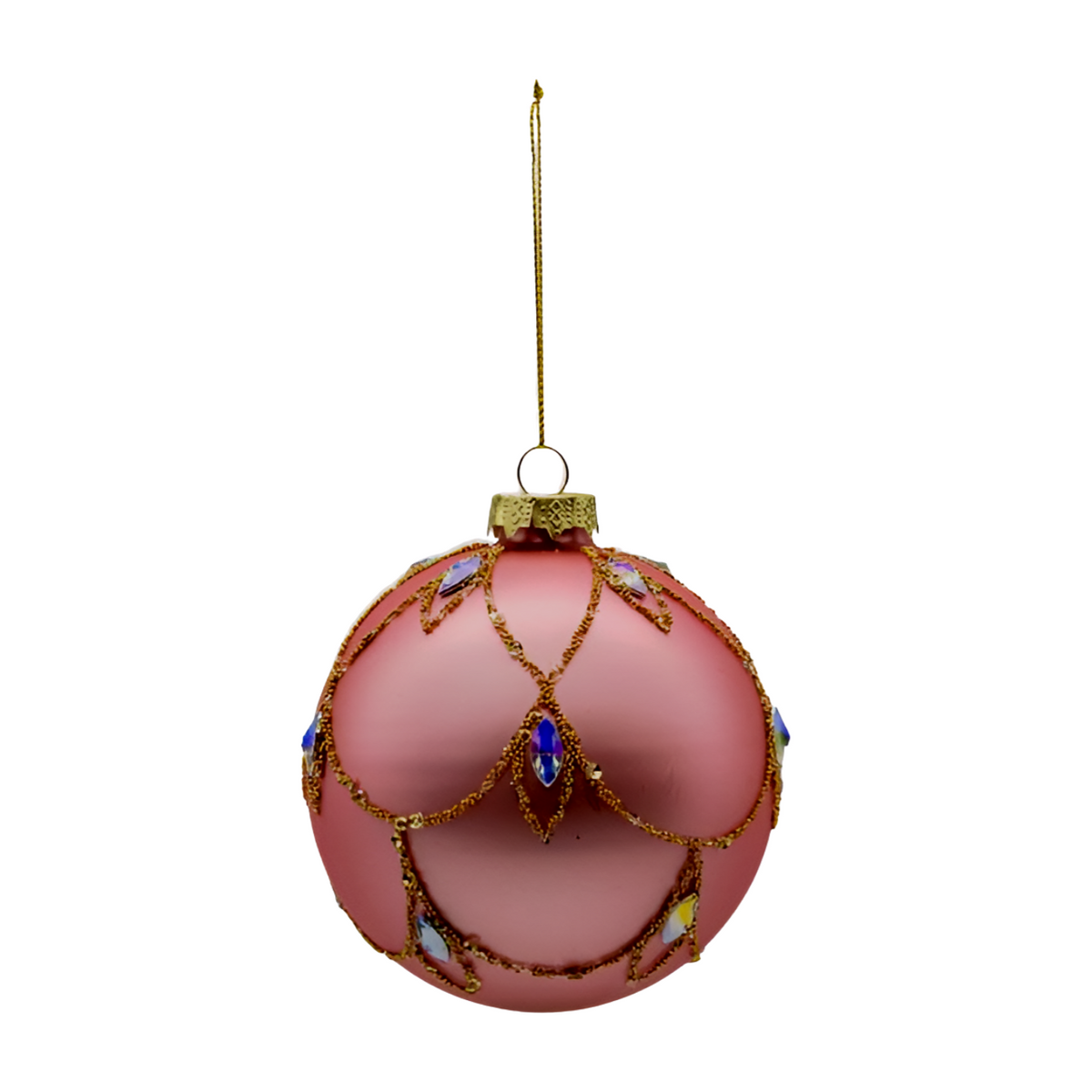 Pink matte glass Christmas bauble with gold swag detail, blue and iridescent faceted jewel embellishments and gold hanging cap.