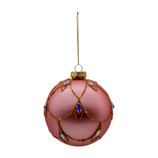 Pink matte glass Christmas bauble with gold swag detail, blue and iridescent faceted jewel embellishments and gold hanging cap.