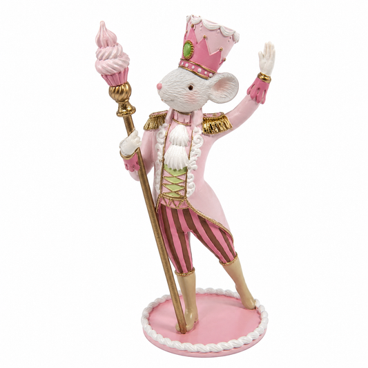 Pink Mouse King figurine in military jacket with gold epaulettes holding an ice cream sceptre on a pink base
