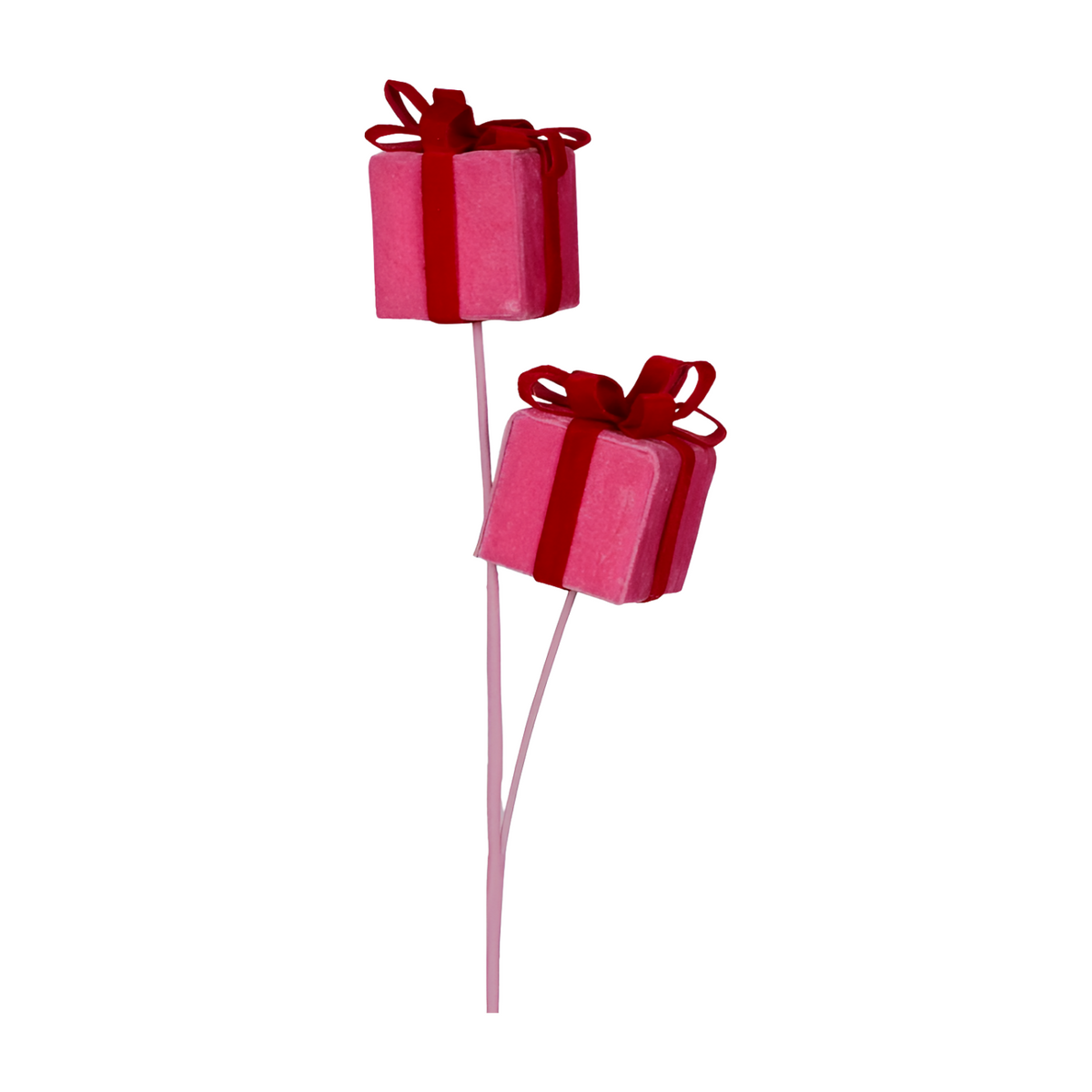 Pink present pick with two pink gift boxes wrapped in red ribbons on pink stems