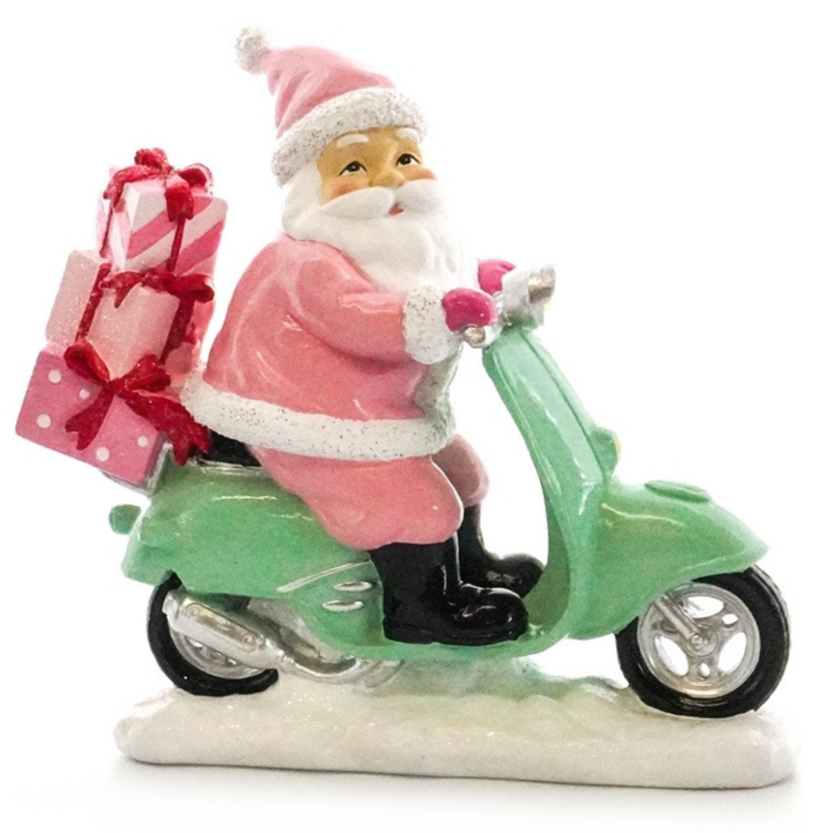 Polished resin pink Santa riding a mint green Vespa scooter with pink gift-wrapped presents