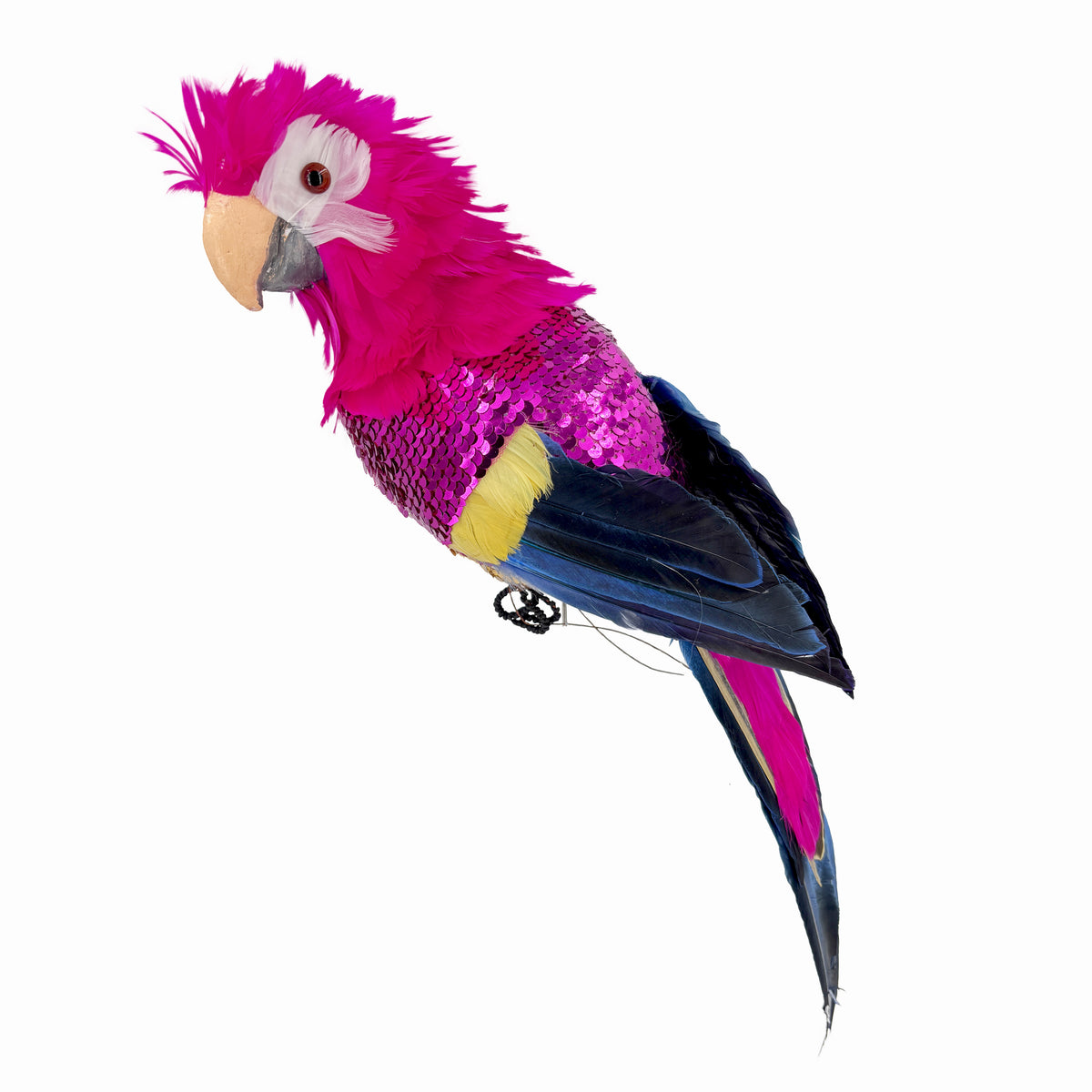 Pink sequin parrot Christmas decoration with fuchsia feather crest, hot pink sequin body and navy and blue tail feathers
