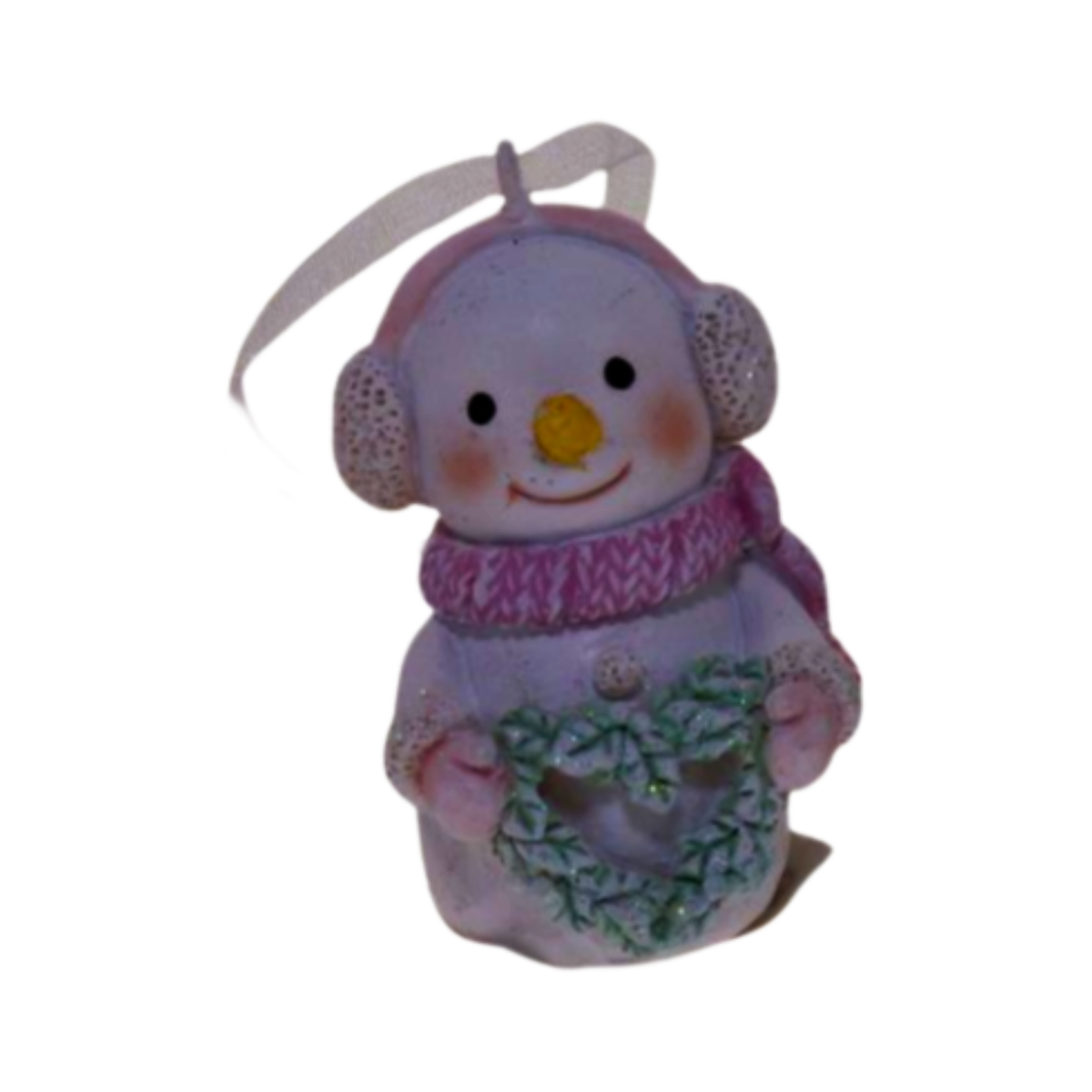 Pink snowman Christmas ornament wearing earmuffs and holding a glittered wreath