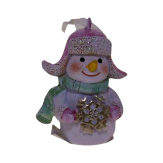 Pink snowman Christmas ornament with green scarf holding a decorative snowflake