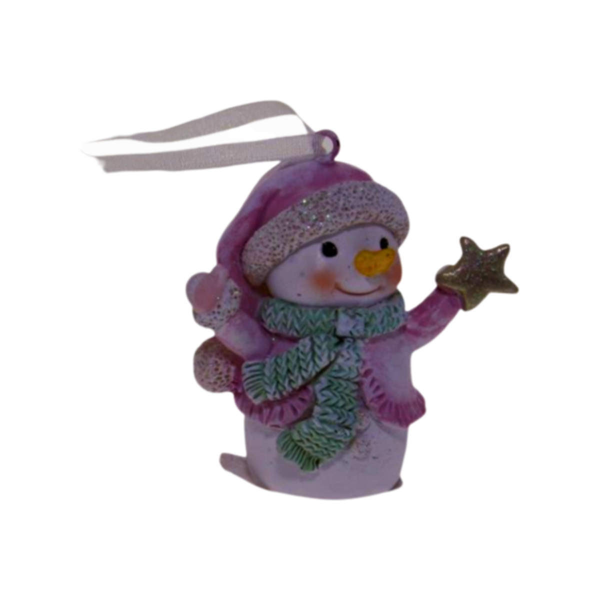 Pink snowman Christmas ornament with green scarf holding a glittered star