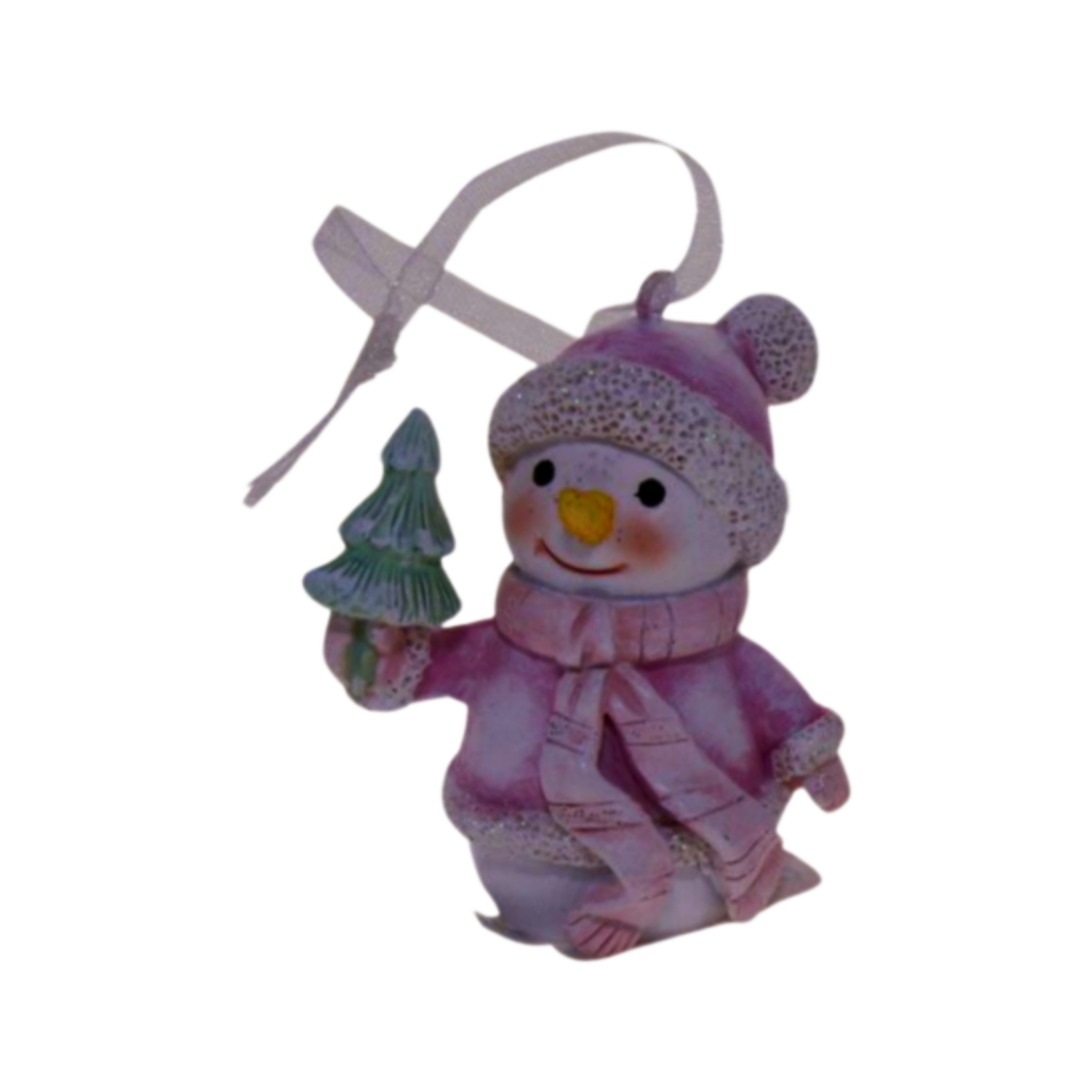 Pink snowman Christmas ornament in pom-pom hat holding a small decorated tree