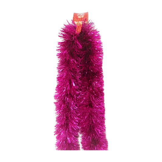 Pink tinsel garland with fluffy metallic strands and festive shine