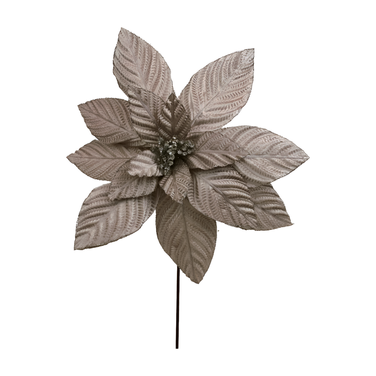 Platinum velvet poinsettia flower pick with textured petals, silver edge detail, and glitter stamens