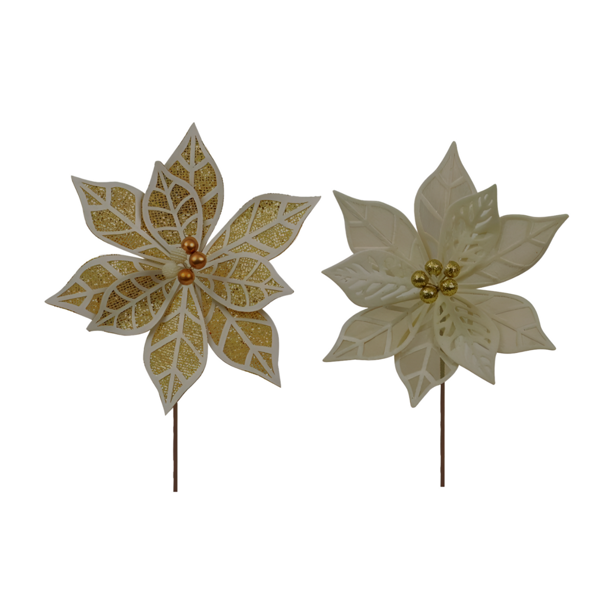 Champagne and ivory poinsettia flower picks with gold glitter and embossed petal detail on wire stems