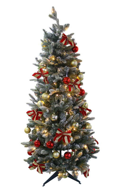 150cm pre-lit pop-up Christmas tree decorated with gold baubles, red ribbon bows, and warm white LED lights