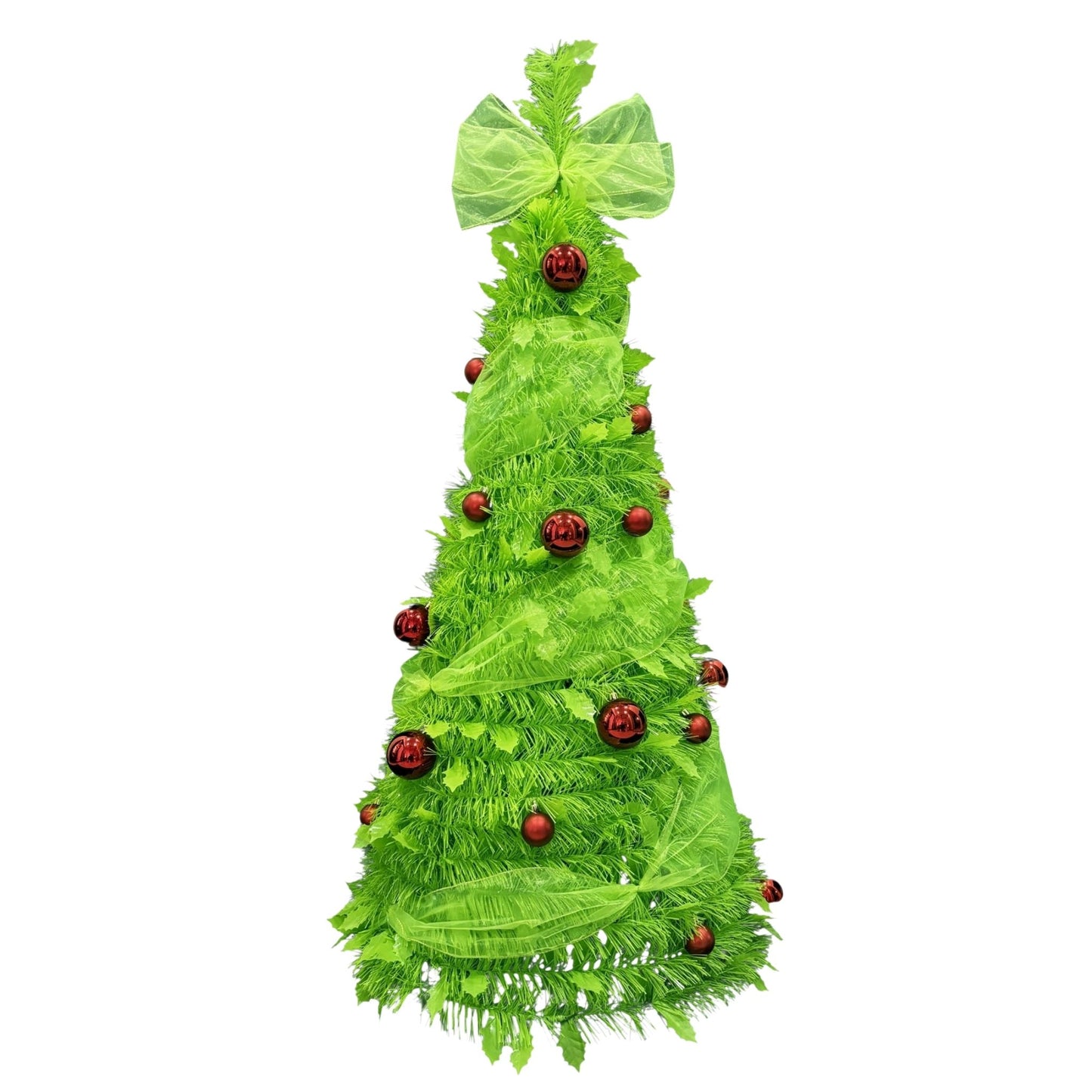 4ft bright green pop-up Grinch Christmas tree with red ornaments and green bow