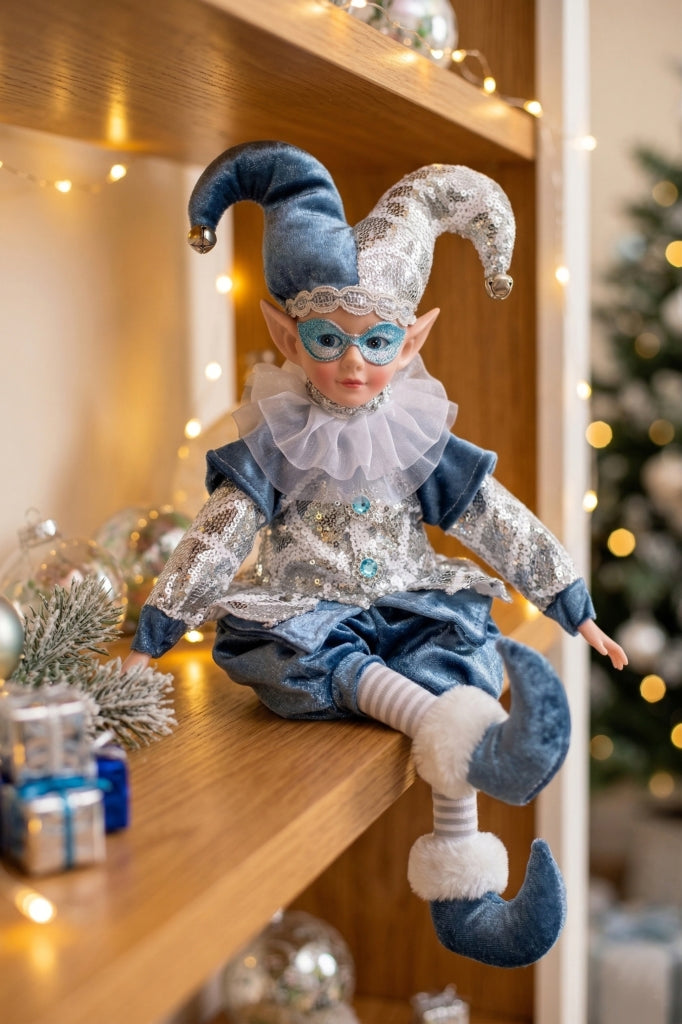 Blue  and silver  jester figurine with masquerade mask and curled bell-tipped hat
