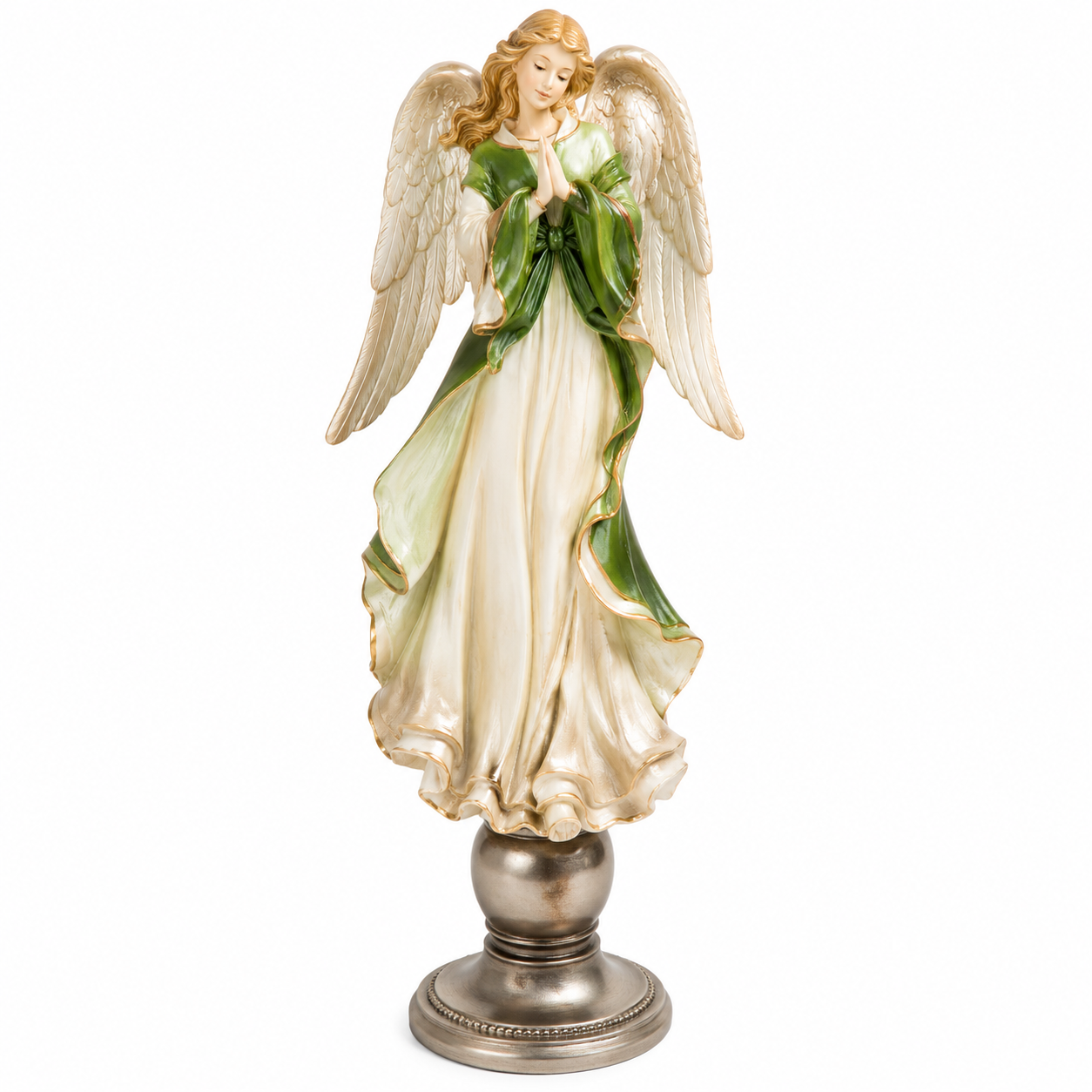 Praying angel figurine in flowing green and cream gown with feathered wings on a beaded silver pedestal
