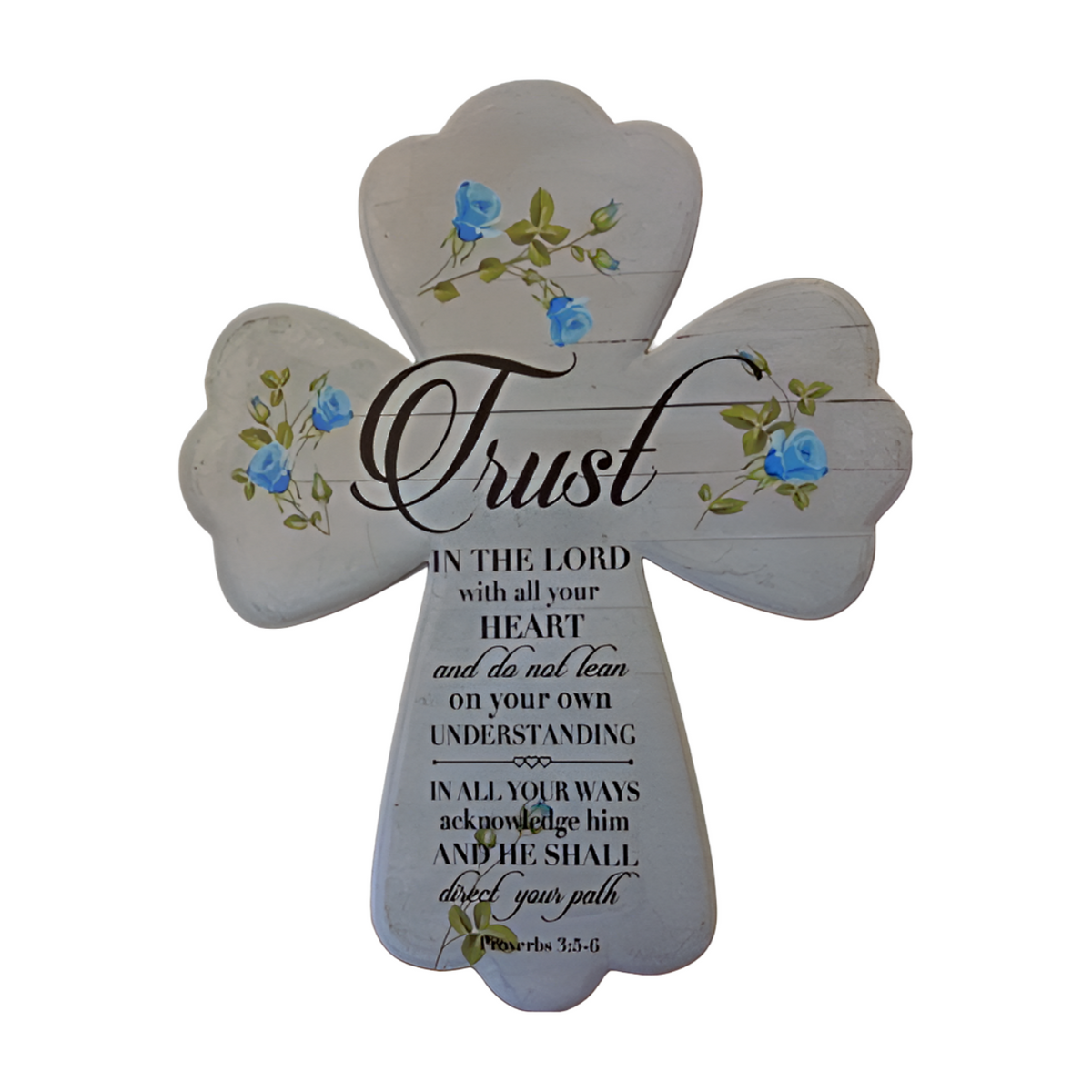 White ceramic cross plaque with Proverbs 3:5-6 verse and blue rose floral design