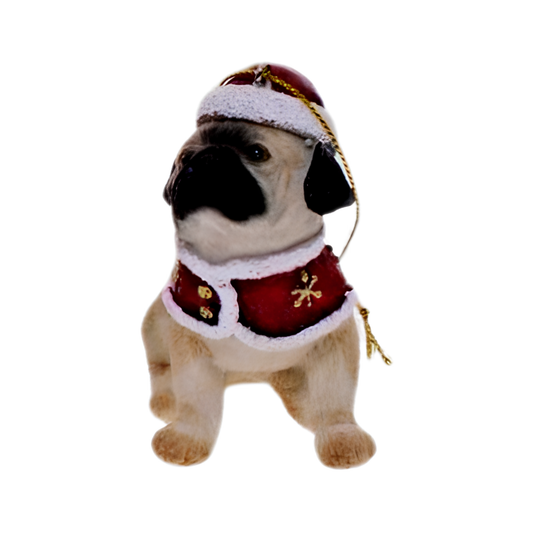Sitting pug dog ornament wearing a red cape with gold star details and matching fur-trimmed hat