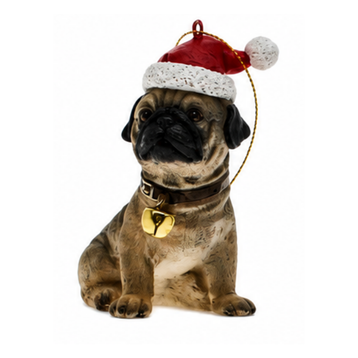 Sitting pug dog Christmas ornament wearing a red Santa hat with gold bell collar