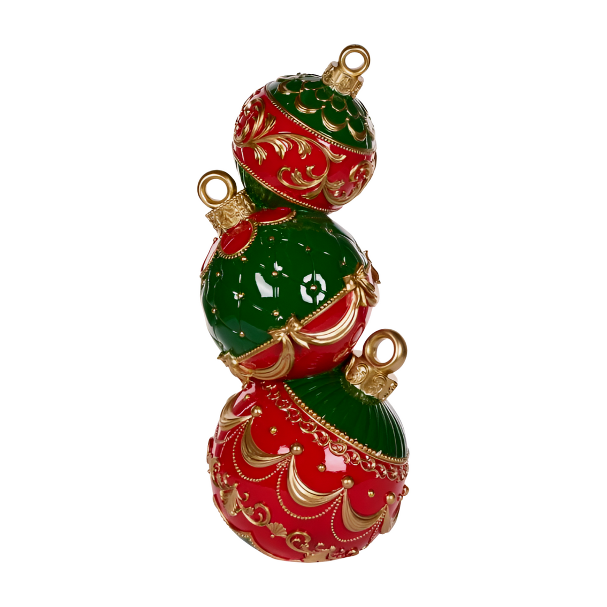 Stacked red and green bauble decoration with gold detailing and ornate patterns