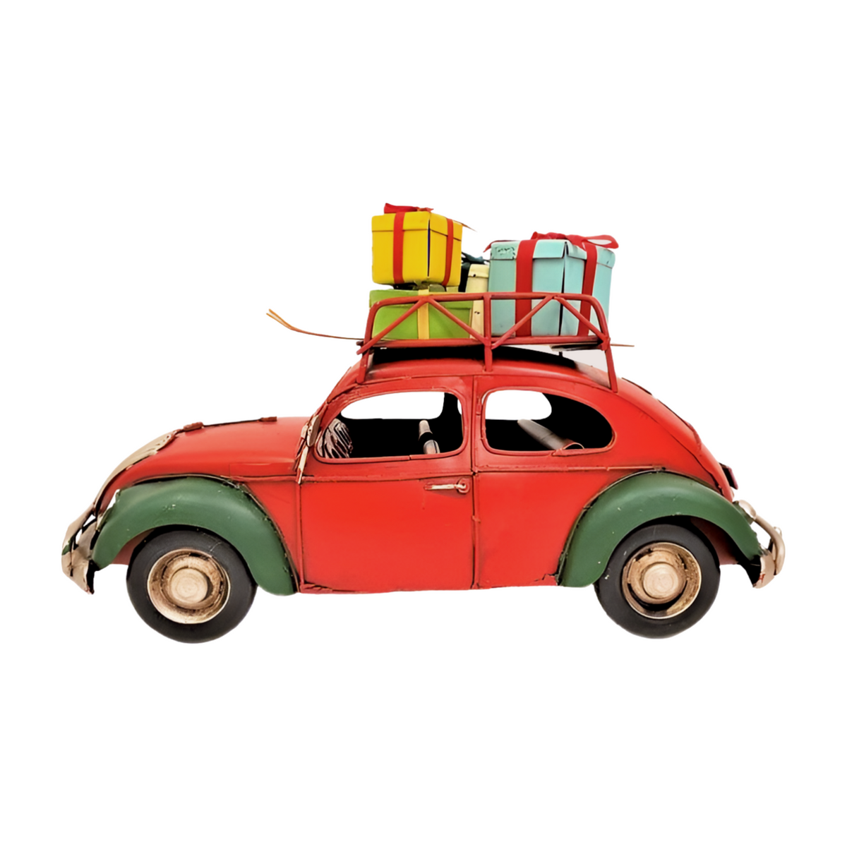 Red and green vintage-style metal car with a roof rack carrying colorful wrapped Christmas presents