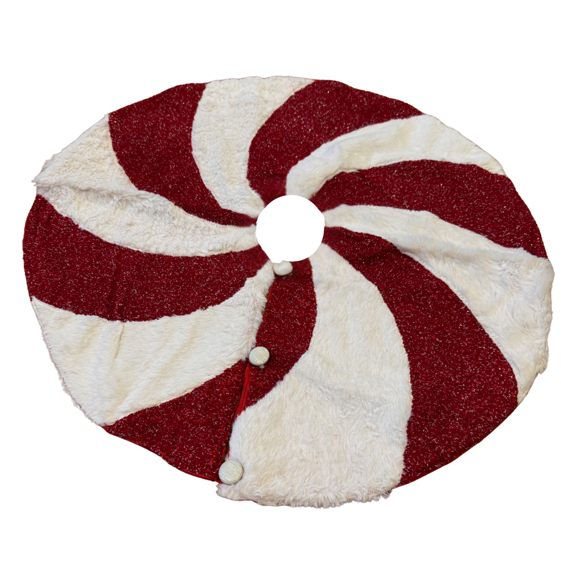 Red and white faux fur peppermint swirl Christmas tree skirt with button closures
