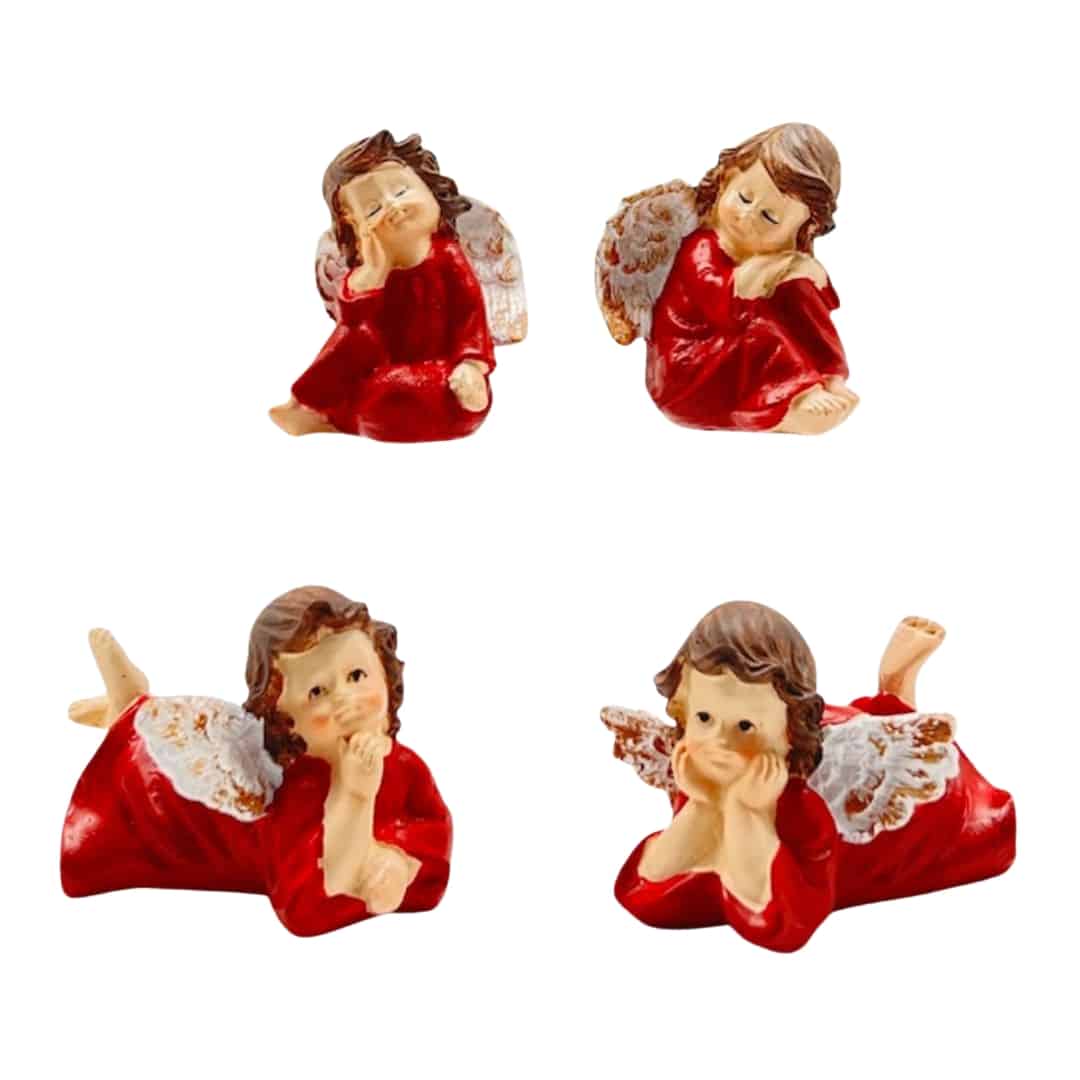 Four red-robed angel figurines in seated and reclining poses with white and gold-tinged wings