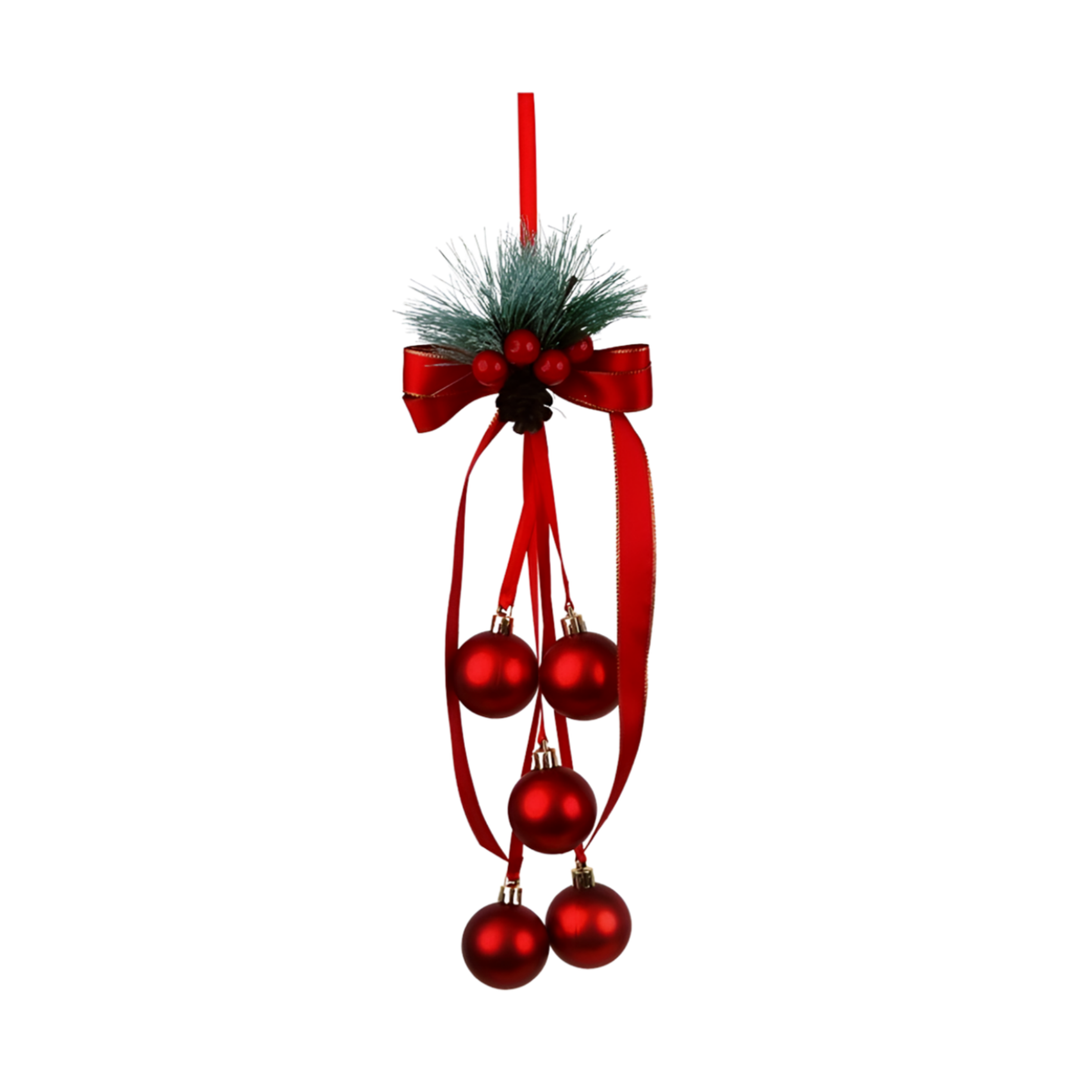 Red bauble cluster door hanger with red ribbon bow, frosted pine sprigs, red berries, and a pinecone