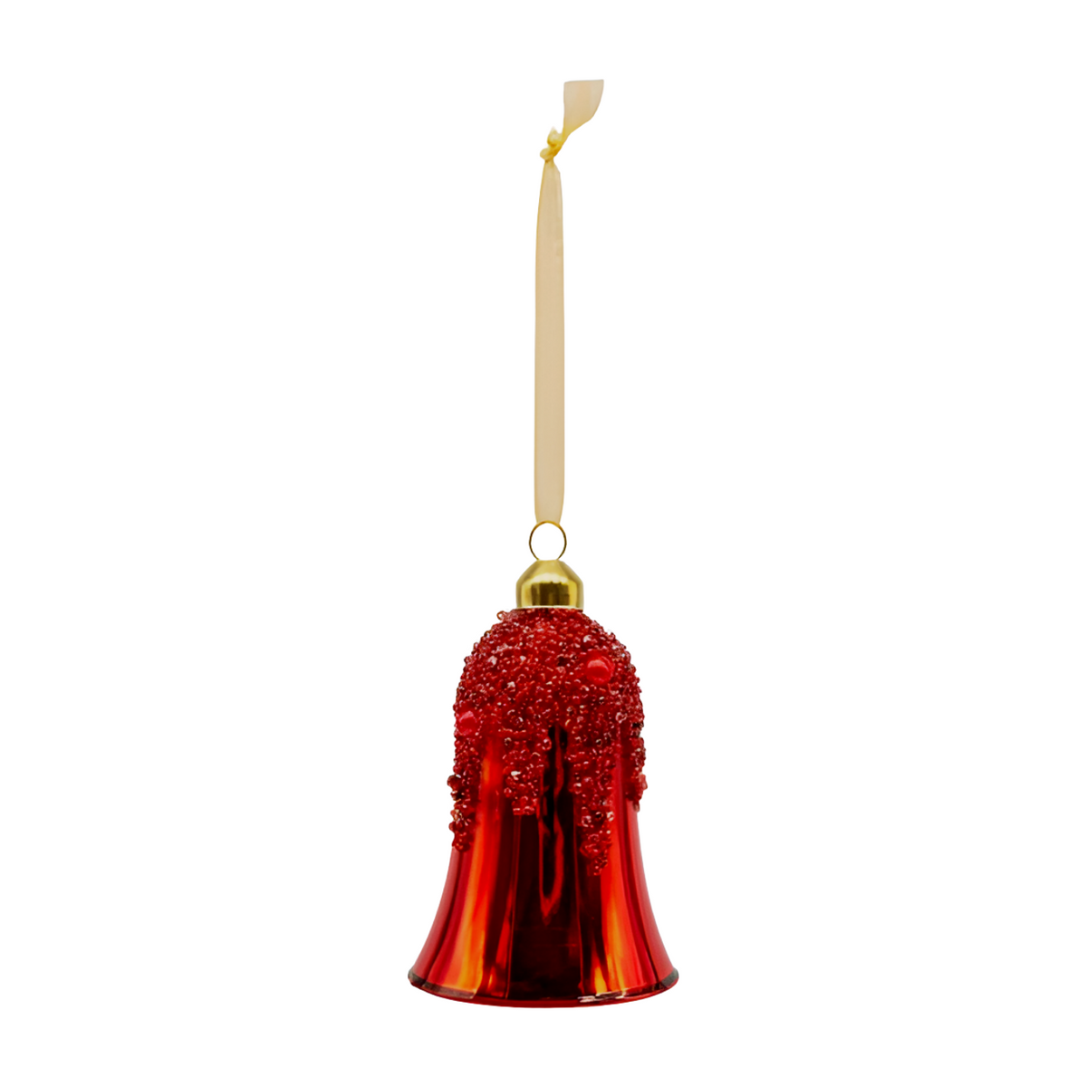 Red glass bell Christmas ornament with beaded textured upper section, glossy lower half, gold cap and cream ribbon hanger.