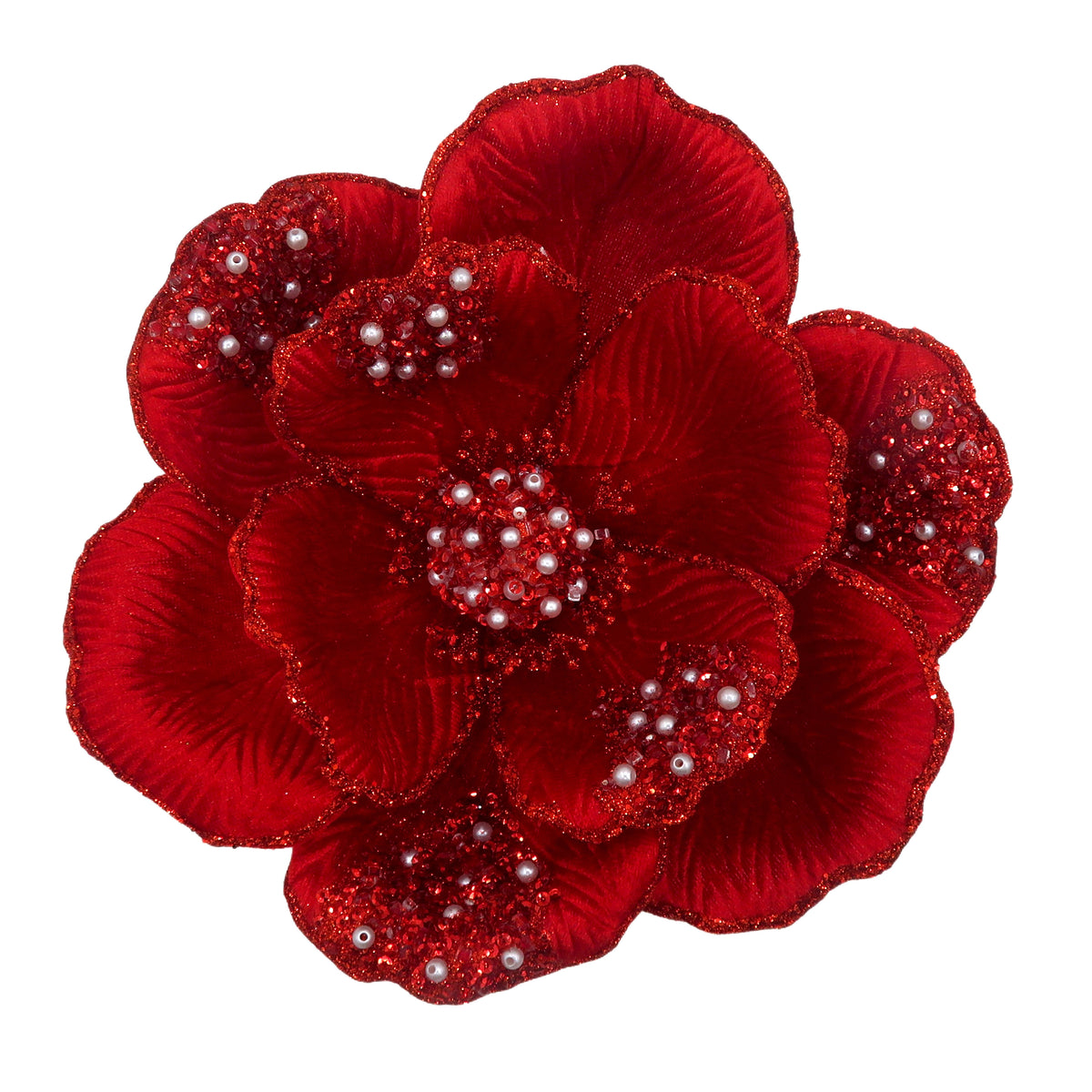 Red beaded magnolia clip-on flower decoration with glitter petal edges and pearl and red sequin bead detail