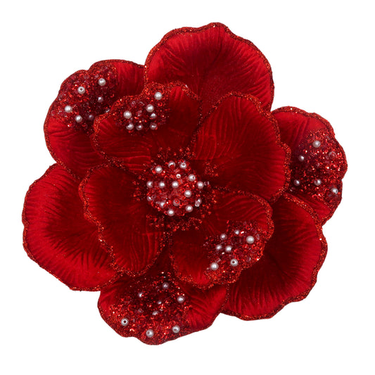 Red beaded magnolia clip-on flower decoration with glitter petal edges and pearl and red sequin bead detail