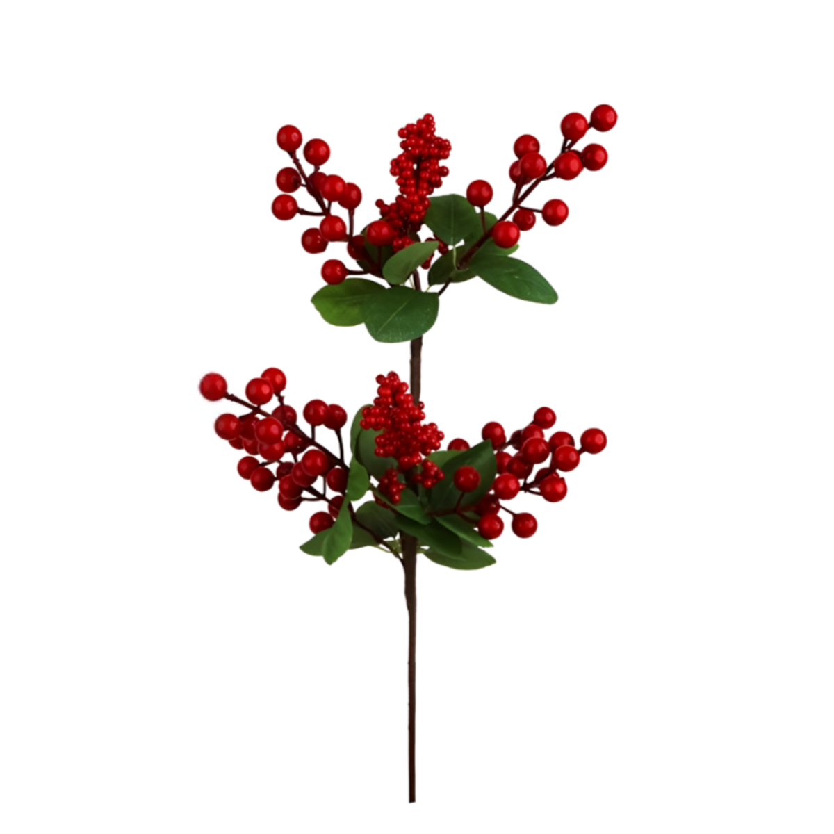 Red berry Christmas pick with large and small berry clusters and smooth rounded green leaves