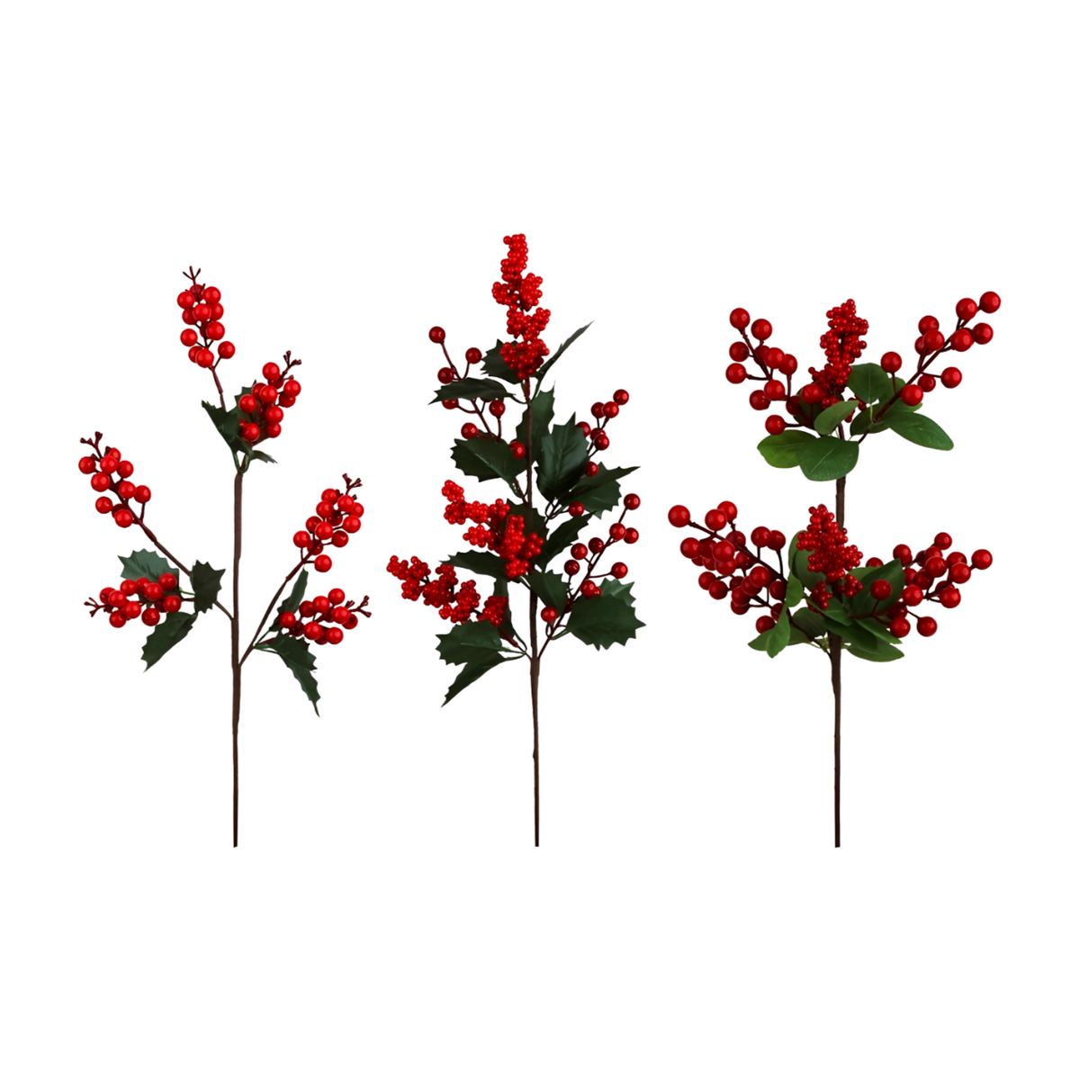 Three red berry Christmas picks with holly and round green leaves in mixed berry cluster styles
