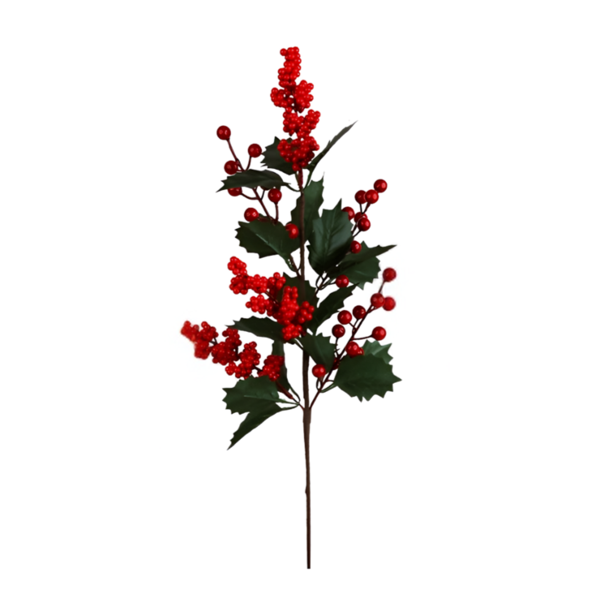 Red berry and holly Christmas pick with mixed large and small berry clusters and pointed holly leaves
