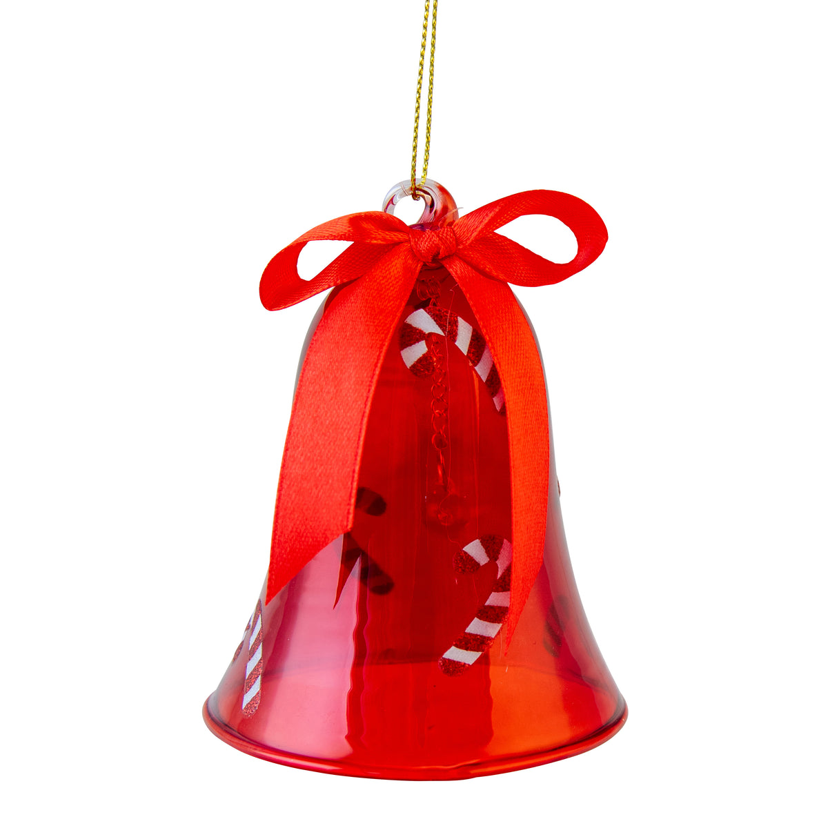 Red glass bell hanging ornament filled with candy canes and topped with a red satin ribbon bow