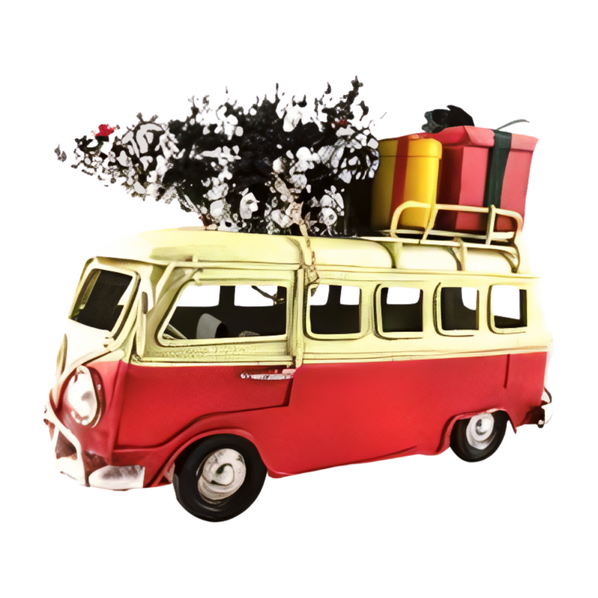 Angle view red and cream vintage-style metal combi van with a snow-covered Christmas tree and wrapped presents on the roof
