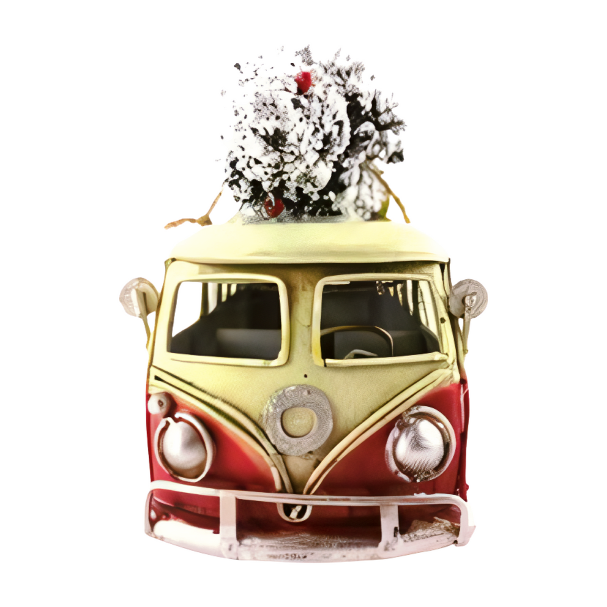 Front view red and cream vintage-style metal combi van with a snow-covered Christmas tree and wrapped presents on the roof