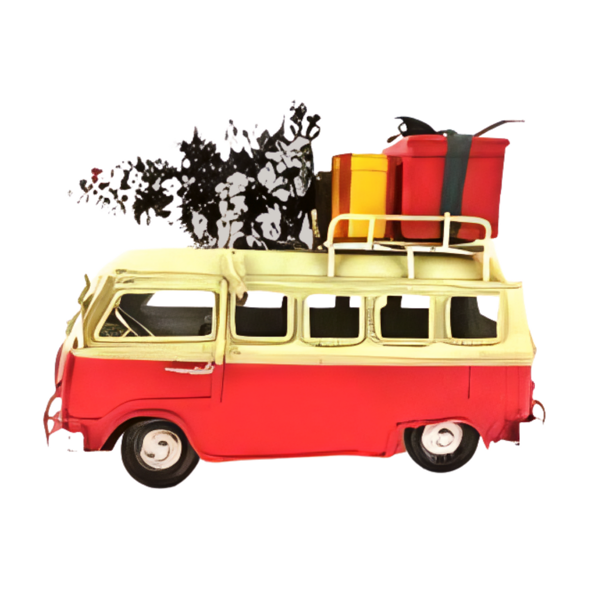 Opposite side red and cream vintage-style metal combi van with a snow-covered Christmas tree and wrapped presents on the roof