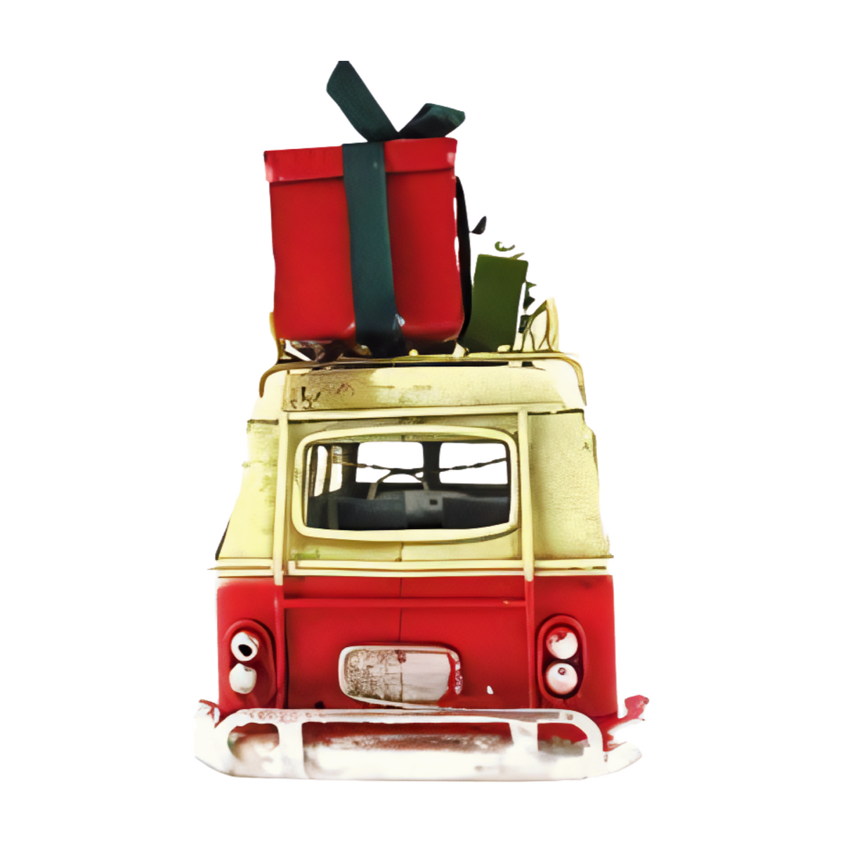 Rear view red and cream vintage-style metal combi van with a snow-covered Christmas tree and wrapped presents on the roof