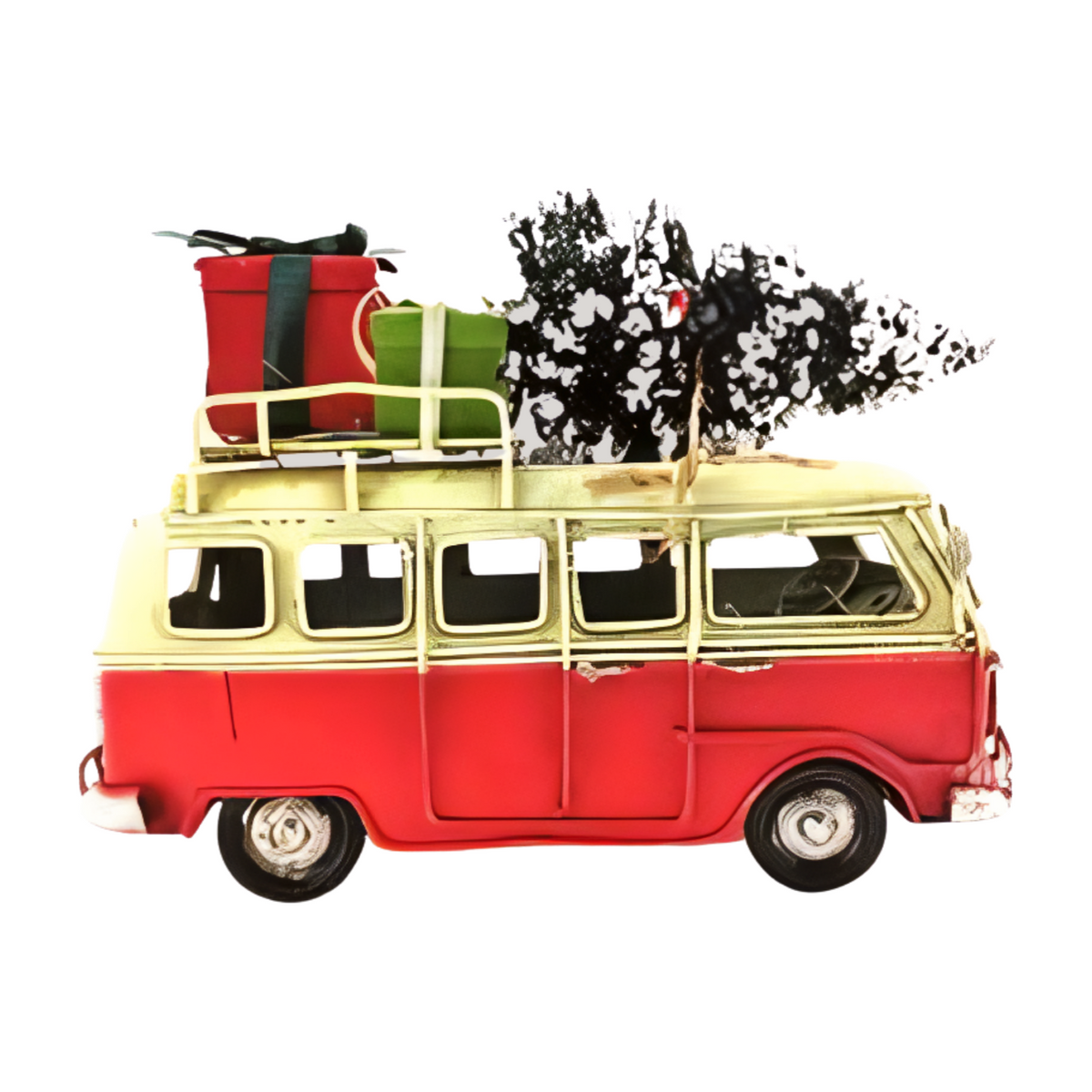 Side view red and cream vintage-style metal combi van with a snow-covered Christmas tree and wrapped presents on the roof