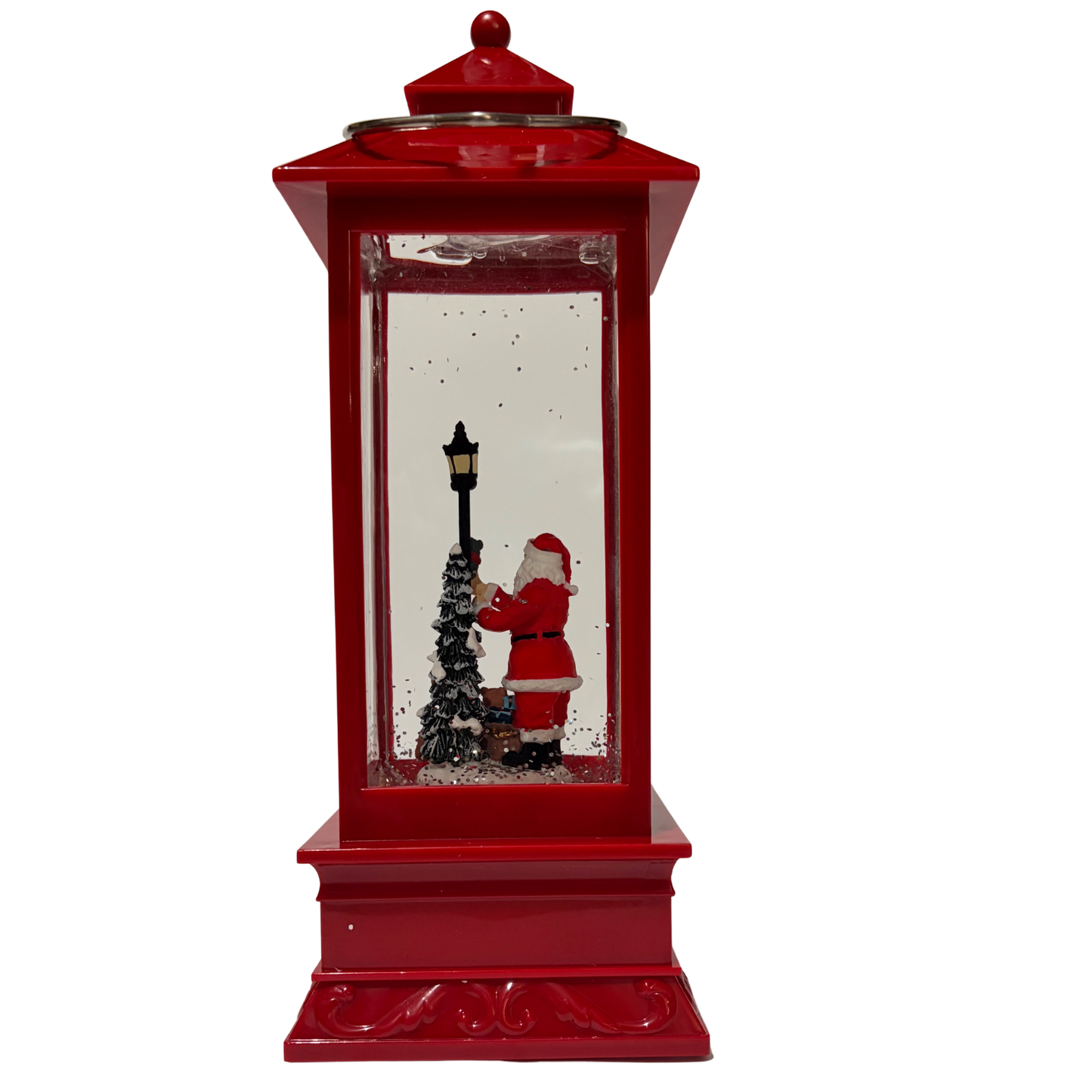 Red Christmas lantern snow globe featuring Santa beside a lamppost with swirling glitter.