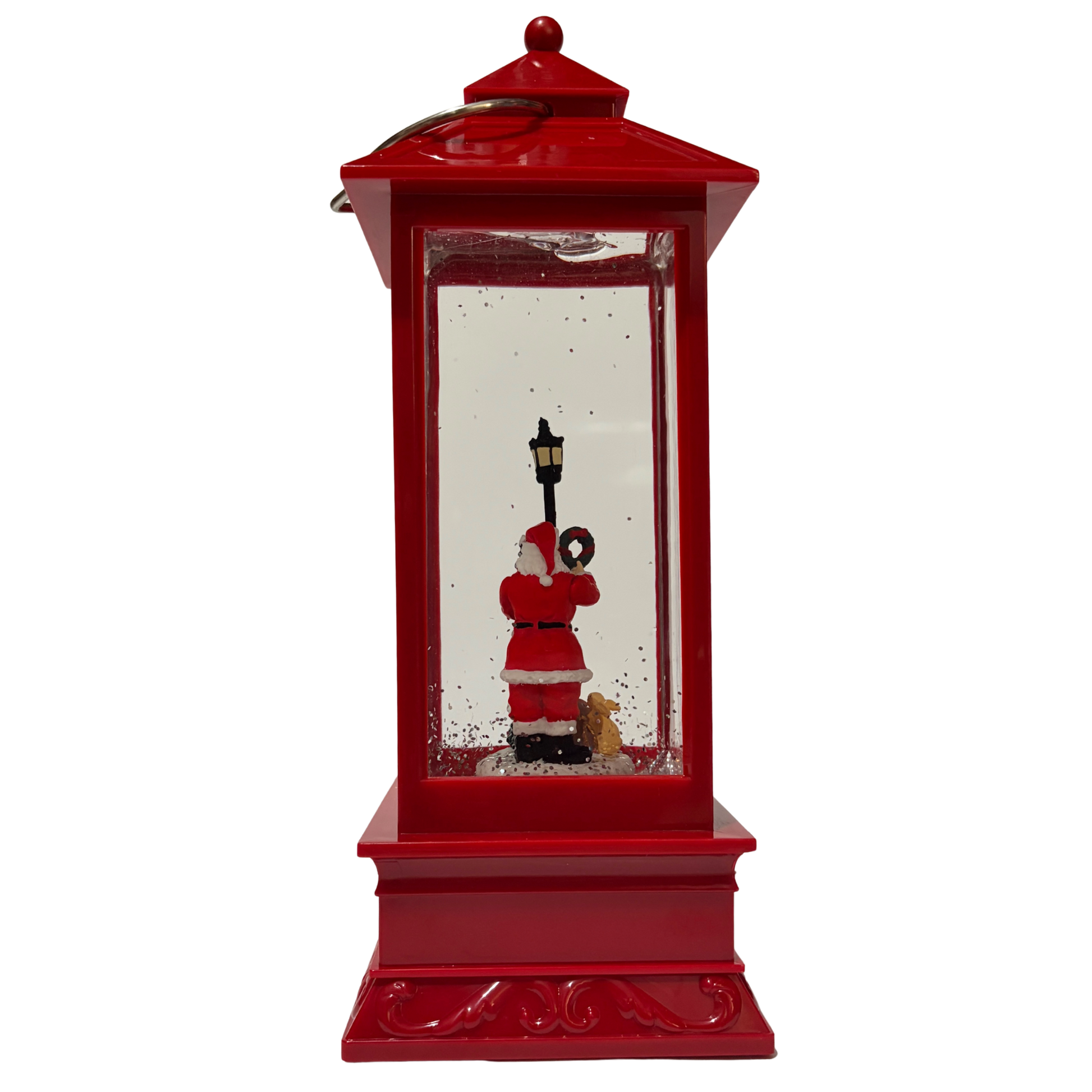Red Christmas lantern snow globe featuring Santa beside a lamppost with swirling glitter.
