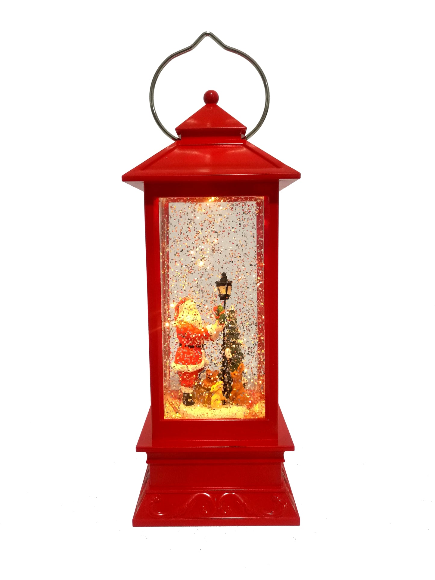 Red Christmas lantern snow globe featuring Santa beside a lamppost with swirling glitter.