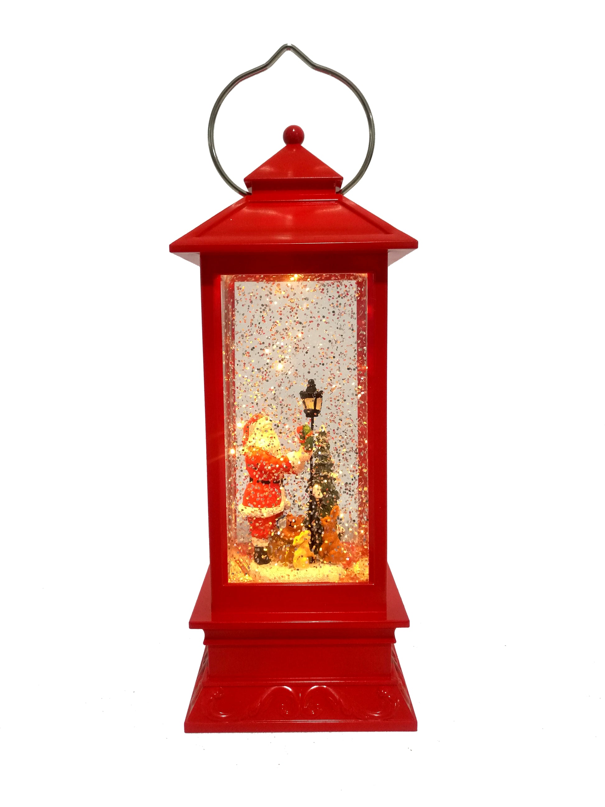 Red Christmas lantern snow globe featuring Santa beside a lamppost with swirling glitter.