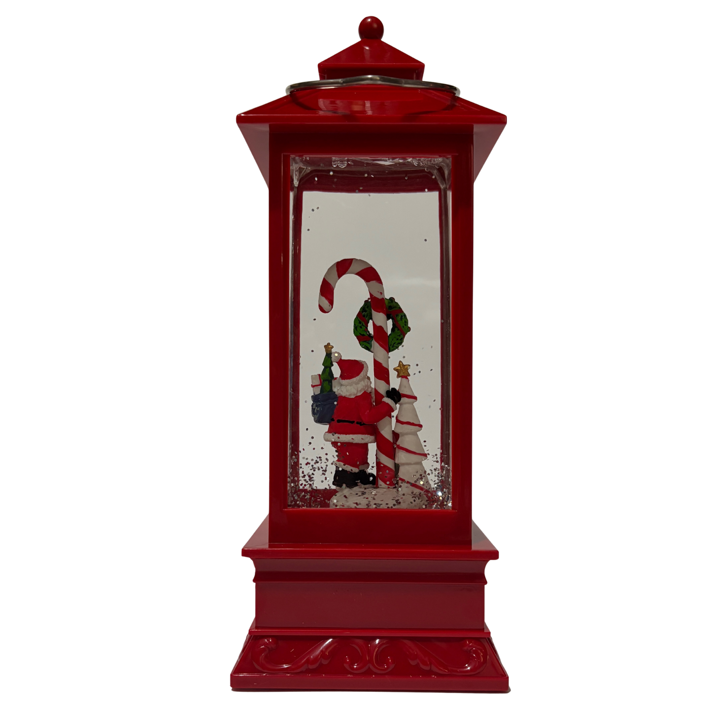 Red Christmas lantern snow globe featuring Santa holding a candy cane with swirling glitter.