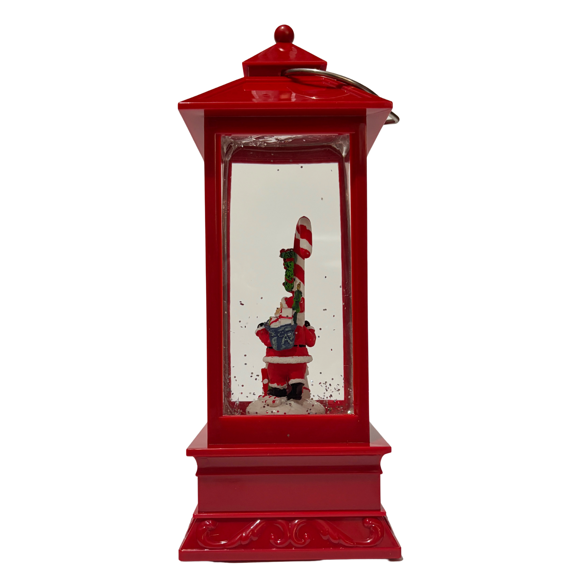 Red Christmas lantern snow globe featuring Santa holding a candy cane with swirling glitter.