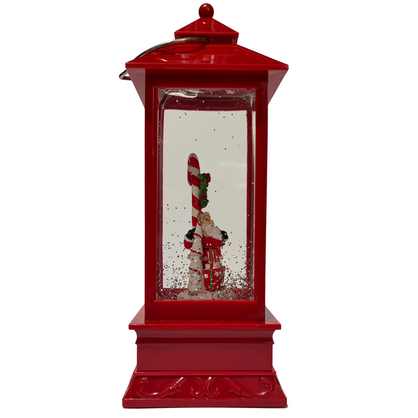 Red Christmas lantern snow globe featuring Santa holding a candy cane with swirling glitter.